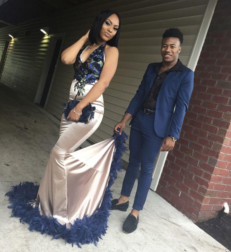 She glows in a satin skirt with navy fluff, and he's dapper in blue!: Backless dress,  Prom Pictures,  Black Couple Homecoming Dresses,  Prom Suit  