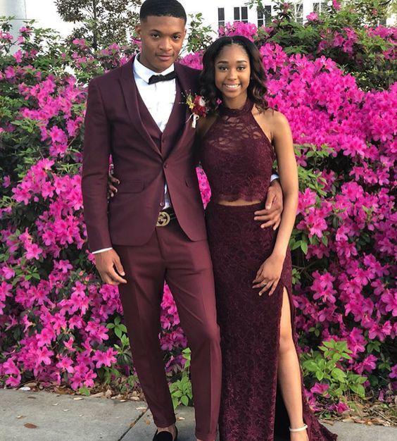 They're absolutely adorable in their matching maroon outfits. Her lace dress and his suave suit are just perfect together!: Prom Dresses,  Formal dresses,  Black Couple Homecoming Dresses,  Prom Suit  