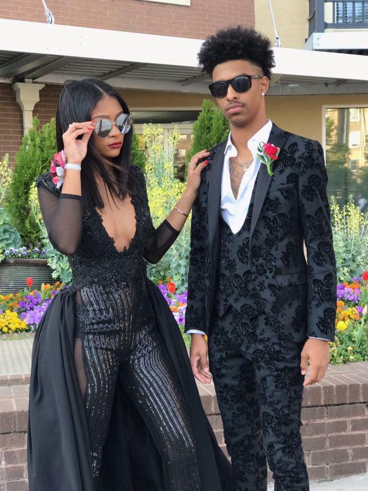 Sparkle like the night in her shimmering black gown and his detailed suit: Prom couples,  Black Couple Homecoming Dresses,  prom ideas  