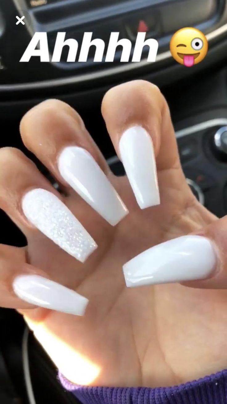 Glitter Baddie Glitter White Acrylic Nails Coffin - Nail and Manicure Trends