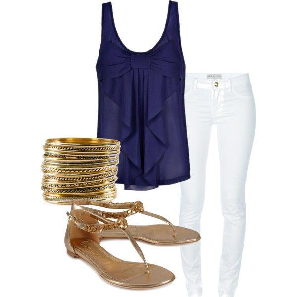 Bow Blouse White, Polyvore Summer Blouse Gold, Clothing Accessories: Slim-Fit Pants,  Navy blue,  Polyvore Outfits Summer  