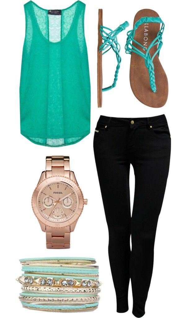 Teal sleeveless top: Teen outfits,  FASHION,  Polyvore Outfits Summer,  Spring Outfits  