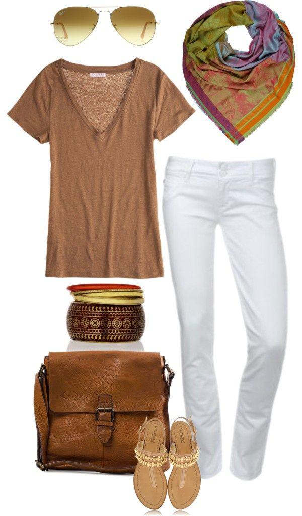 Tan V-neck T-shirt and white denim pants: Clothing Ideas,  Polyvore Outfits Summer,  T-Shirt Outfit  