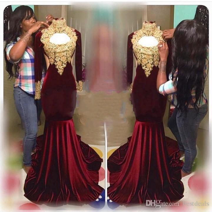 Gorgeous Mermaid Prom Dresses 2017 High Neck Sexy Long Sleeve Gold Appliqued Backless African Velvet Prom Dress Vestidos: 