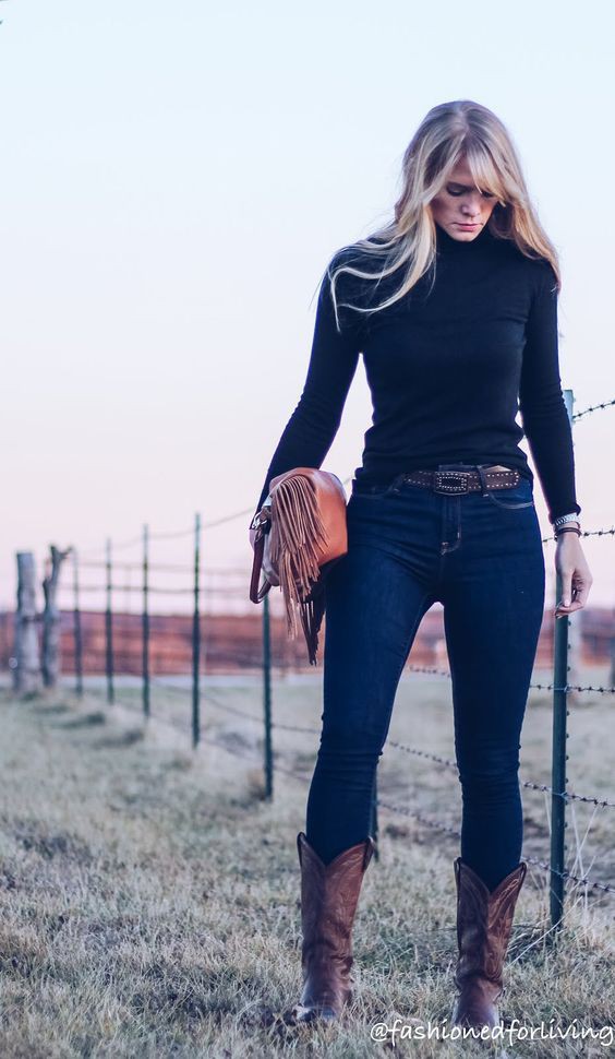 Outfits with cowgirl boots and jeans: winter outfits,  Cowboy boot,  Western wear,  Polo neck,  Boot Outfits,  Cowgirl,  Country Outfits  