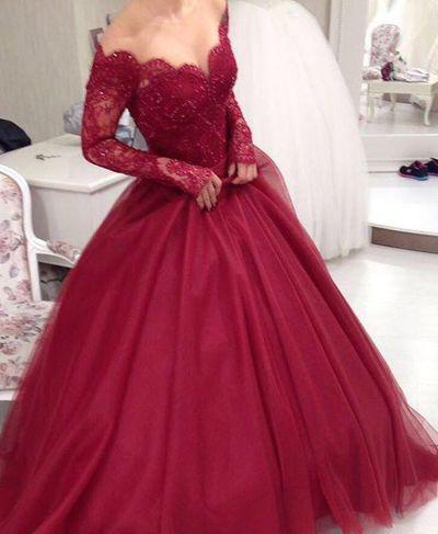 Beautiful Prom Dresses,Long Sleeves Ball Gown Prom Dresses ,Burgundy Lace Prom D...: Red Gown  