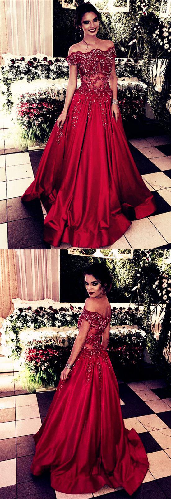 Lace Beaded Off Shoulder Long Evening Dresses Satin Prom Gowns 2018: burgundy gown,  Red Gown  