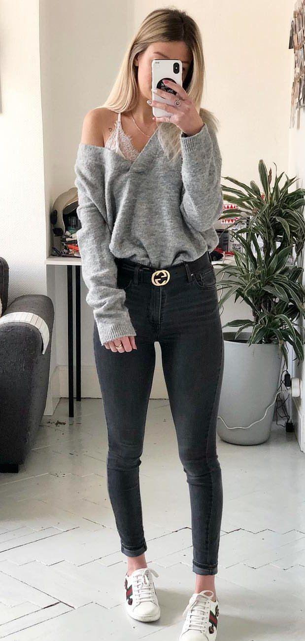 gray sweater and black skinny jeans #summer #outfits style