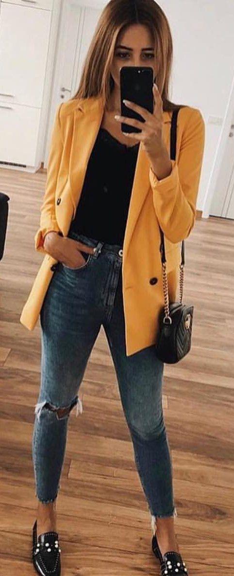 summer #outfits yellow blazer. style on Stylevore