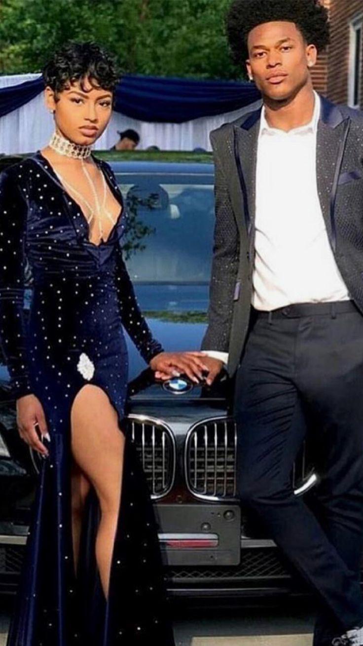 She's a midnight dream, and he's her stylish companion in grey!: Prom couples,  Black Couple Homecoming Dresses,  Morning dress,  prom ideas  