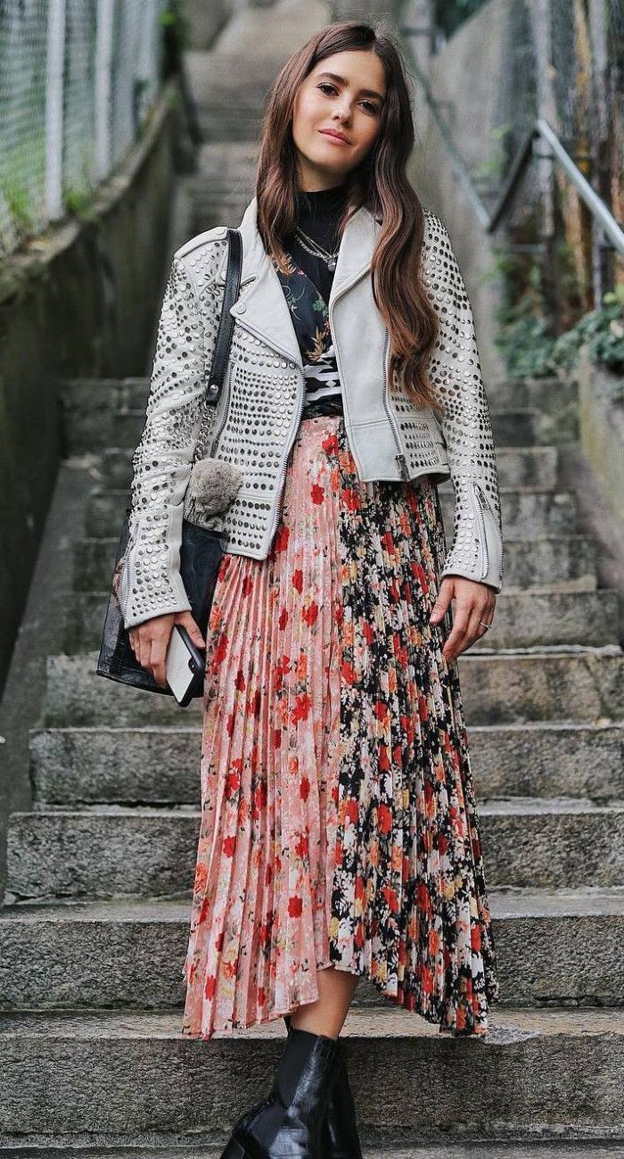 Floral skirt with ankle boots: Boot Outfits,  Floral Skirt,  Street Outfit Ideas  