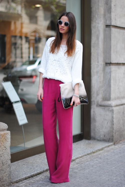 Long pants street style: Wide-Leg Jeans,  Palazzo pants,  Pink Pant  
