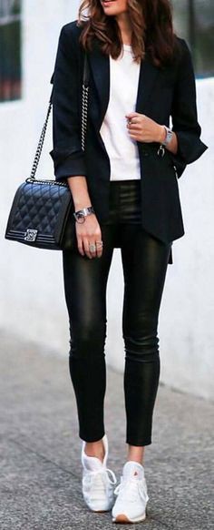 Reebok classic leather style: Black Jeans Outfit,  Sports shoes  