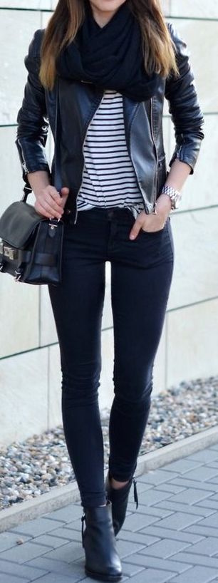 Black skinny jeans winter outfit: Casual Winter Outfit,  winter outfits,  Leather jacket,  Slim-Fit Pants  