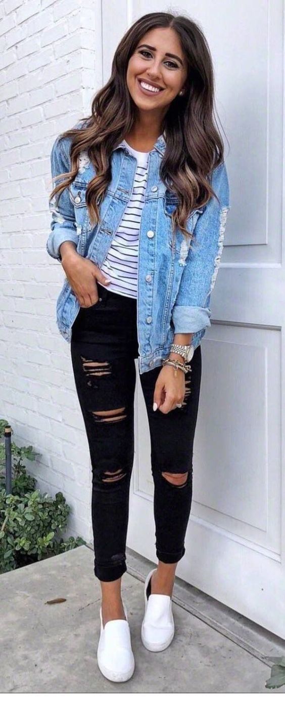 College Girl Outfits Ideas: Ripped Jeans,  Jean jacket,  Slim-Fit Pants,  College Outfit Ideas  