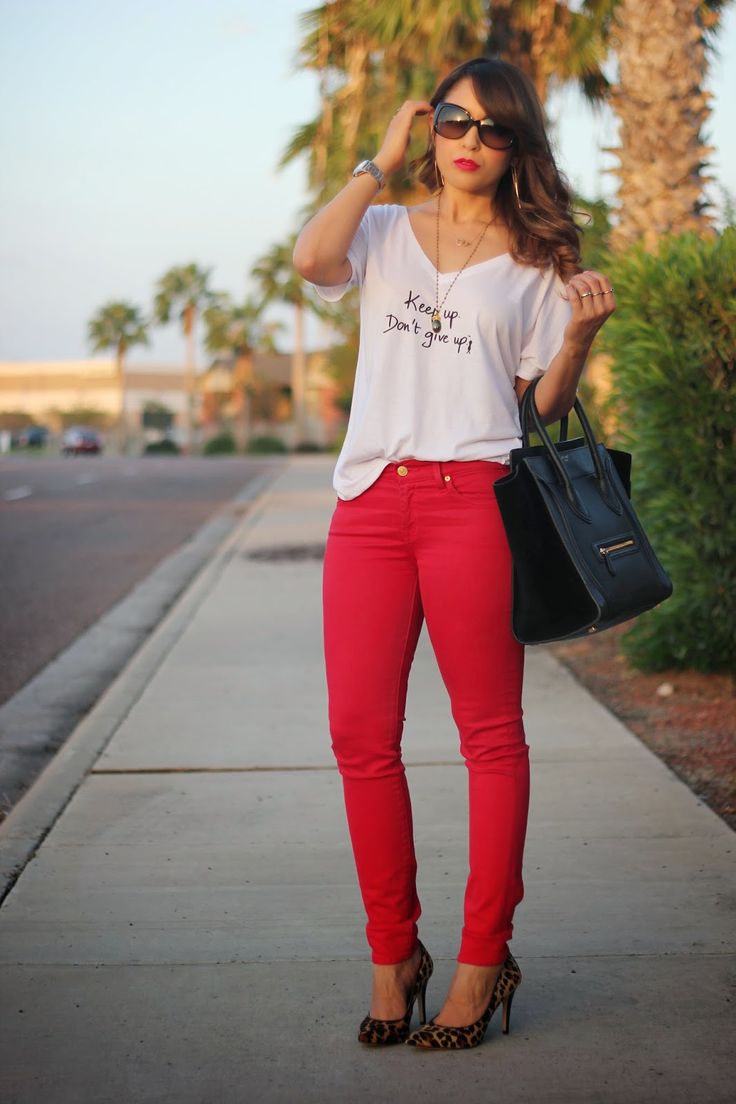 Red skinny jeans outfit: Slim-Fit Pants, Pink Jeans 