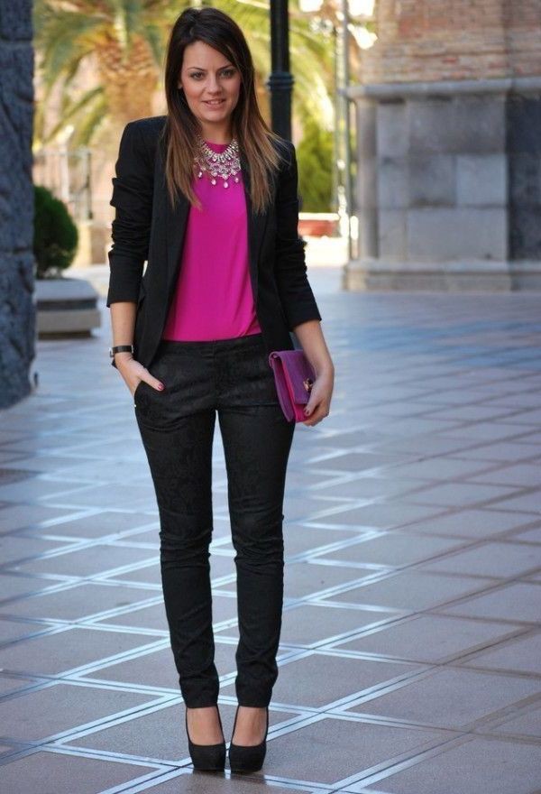 Black and pink office outfit on Stylevore