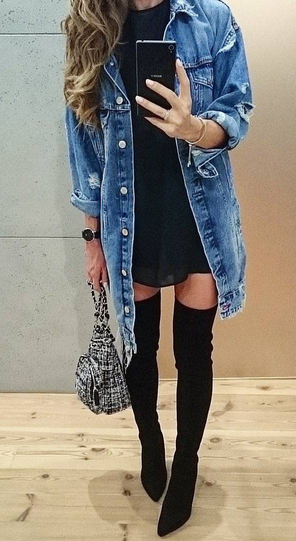 Outfits with long denim jackets: Jean jacket,  Boot Outfits,  Denim jacket  