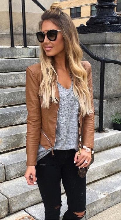 Brown leather jacket outfits: Black Jeans Outfit,  winter outfits,  Leather jacket,  Khaki Jacket  