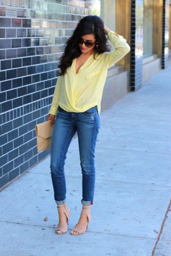 Wear a yellow shirt: High-Heeled Shoe,  Slim-Fit Pants,  shirts,  Yellow Outfits Girls,  yellow top  