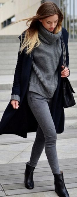 Oversized sweater outfit: Casual Winter Outfit,  winter outfits,  Slim-Fit Pants,  Polo neck,  Over-The-Knee Boot,  Oversized Jacket,  Turtleneck Sweater Outfits  
