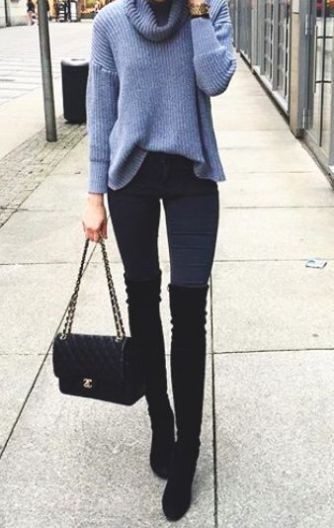 Over the knee boots black jeans on Stylevore