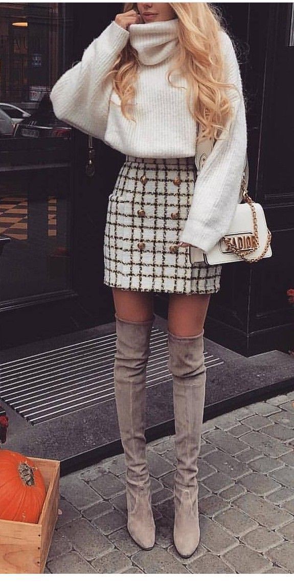 Skirt tweed outfit: Polo neck,  Check Skirt  