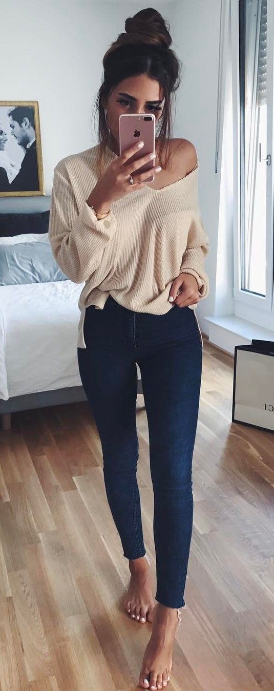 Beige top outfit: Slim-Fit Pants  