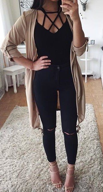 Lace up top outfit: Ripped Jeans,  Black Jeans Outfit,  Slim-Fit Pants  