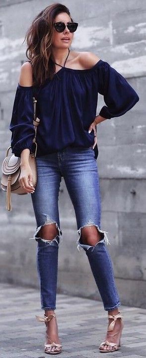 Dark blue off shoulder top outfit on Stylevore