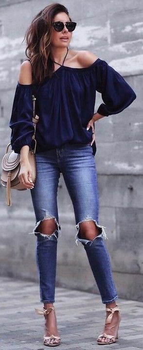 Dark blue off shoulder top outfit on ...