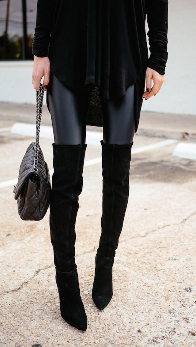 Leather leggings over the knee boots on Stylevore