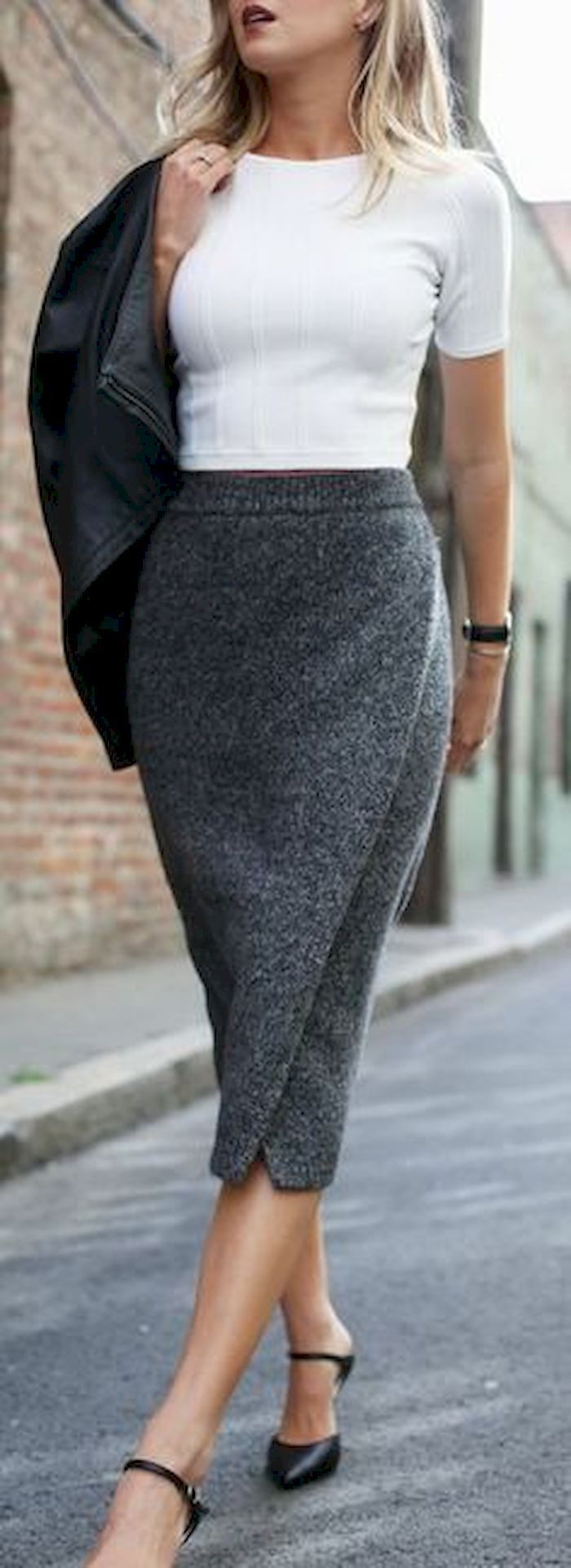 Grey pencil skirt outfit winter: Casual Winter Outfit,  winter outfits,  Pencil skirt,  Wrap Skirt  