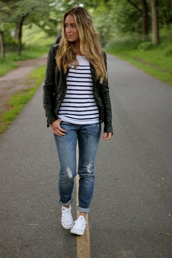 Converse outfits, Casual wear, Leather jacket on Stylevore
