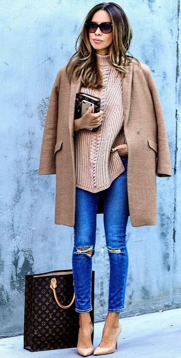 Camel coat and jeans outfit: Casual Winter Outfit,  winter outfits,  Slim-Fit Pants,  Polo coat,  Wool Coat,  Brown Coat,  Winter Coat  