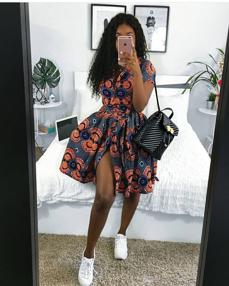 african print dress with sneakers