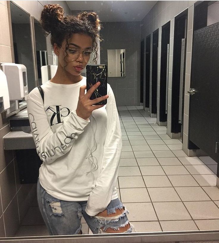 Snap that school selfie in a chill long sleeve top and classic ripped jeans!: Afro-Textured Hair,  Hairstyle Ideas,  Baddie Outfits  