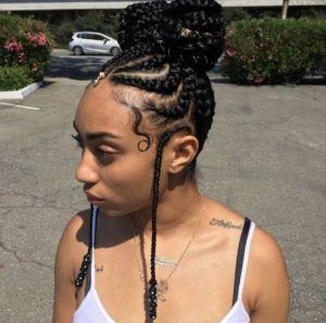 Feed in braids in two buns: Afro-Textured Hair,  Long hair,  Box braids,  Mohawk hairstyle,  Braided Hairstyles  