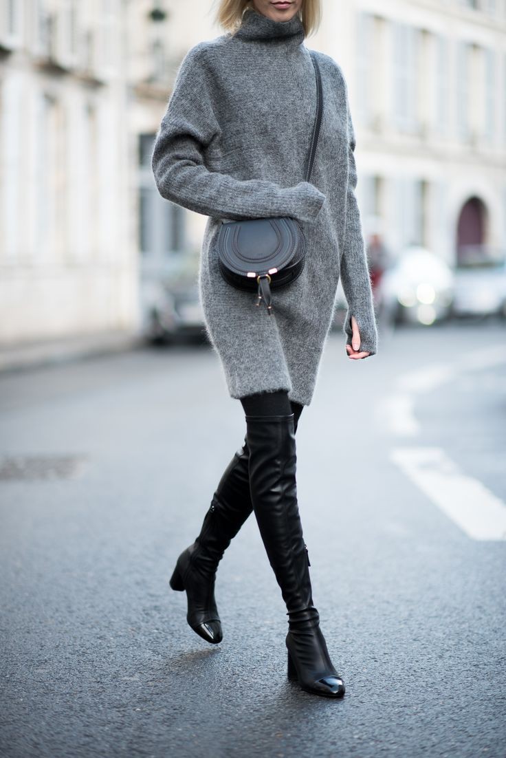 Knitted dress with knee boots on Stylevore
