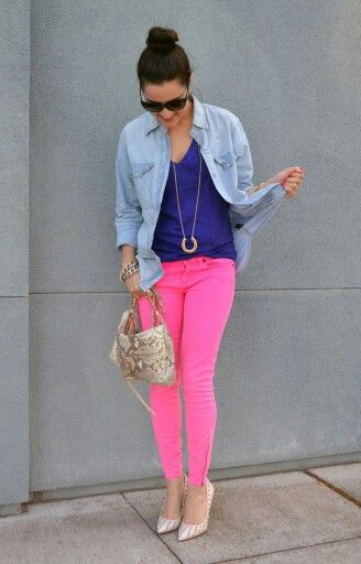Cute outfits with hot pink jeans: Slim-Fit Pants, Jeans Fashion, Animal print, Pink Jeans, Pink Trousers 