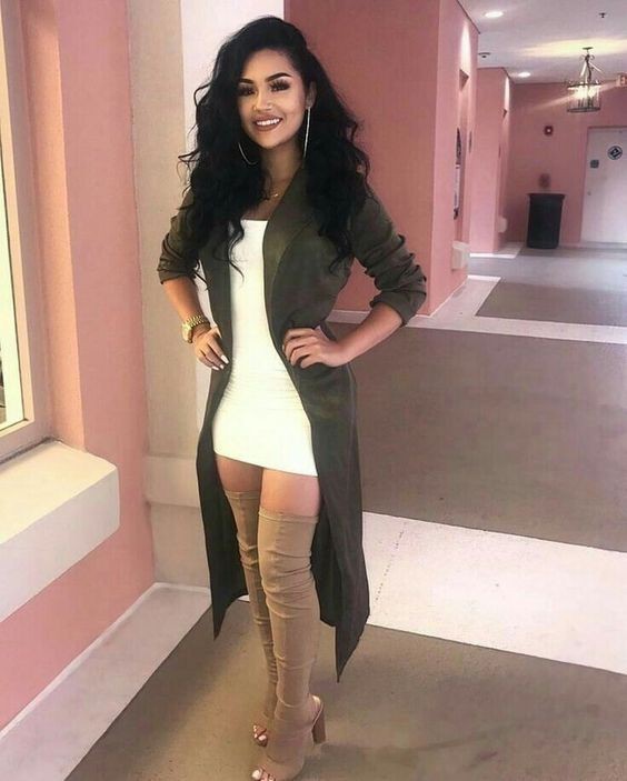High boots with dress: Bodycon dress,  Over-The-Knee Boot,  Boot Outfits,  Trench coat,  Knee highs,  Birthday outfits,  Chap boot  