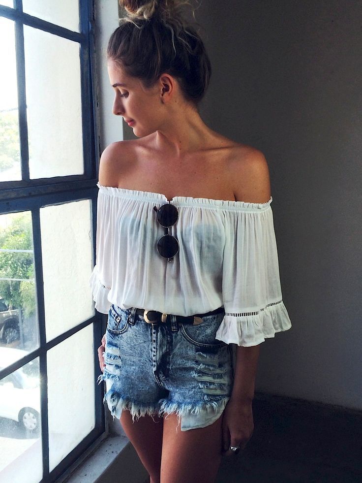 Off shoulder and denim short: Casual Summer Outfit,  Off Shoulder  