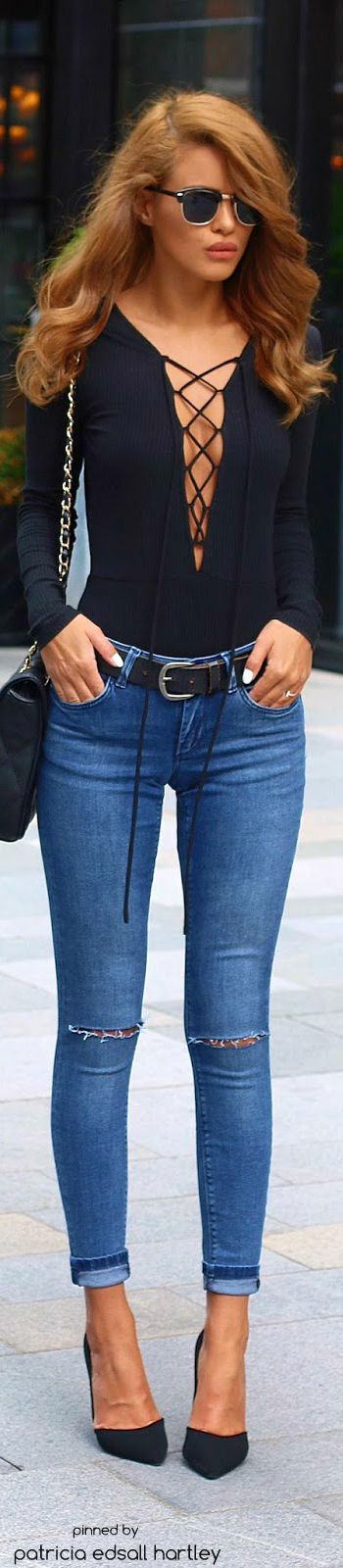 Lace up bodysuit with jeans: College Outfit Ideas  