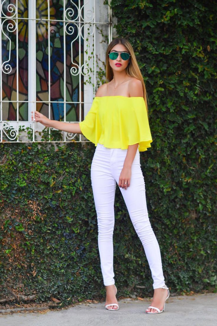 Yellow top and white jeans: Slim-Fit Pants,  Yellow Jeans,  Yellow Outfits Girls,  yellow top  