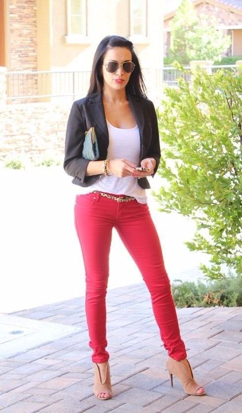 Red pants white shirt women: Slim-Fit Pants,  Top Outfits,  Pink Jeans  