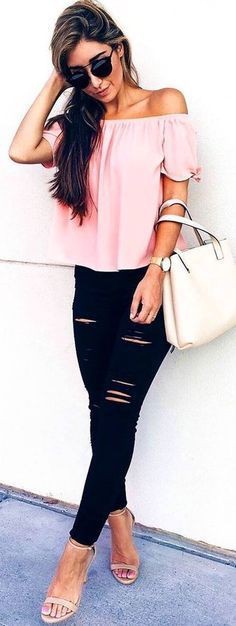 Summer black ripped jeans womens outfit: Ripped Jeans,  Slim-Fit Pants,  Pink Dresses,  Black Ripped Jeans Outfits  