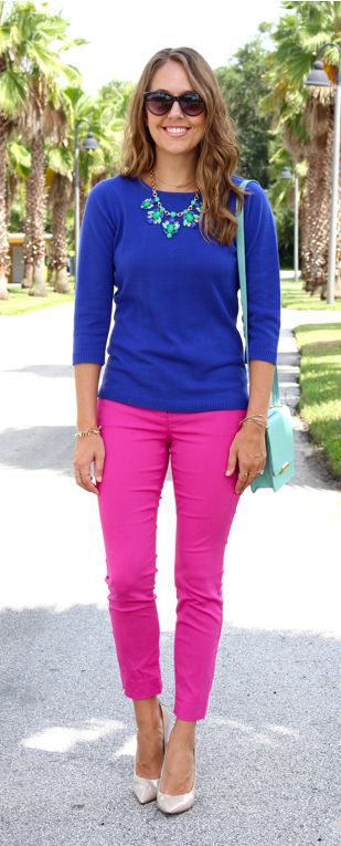 Pink Jeans Outfit Tumblr: Crew neck, Royal blue, Cobalt blue, Capri pants, Pink Jeans, Pink Trousers 