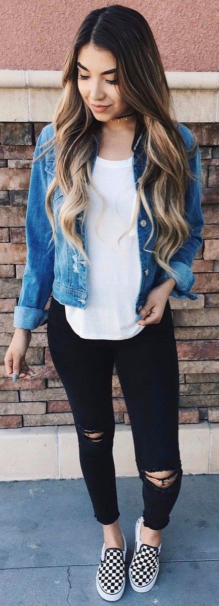 Casual outfits with checkerboard vans: Jean jacket,  College Outfit Ideas  