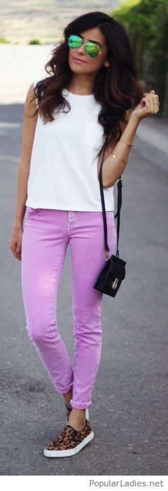 Pink Strawberry pants for women: High-Heeled Shoe, Slim-Fit Pants, Pink Jeans 