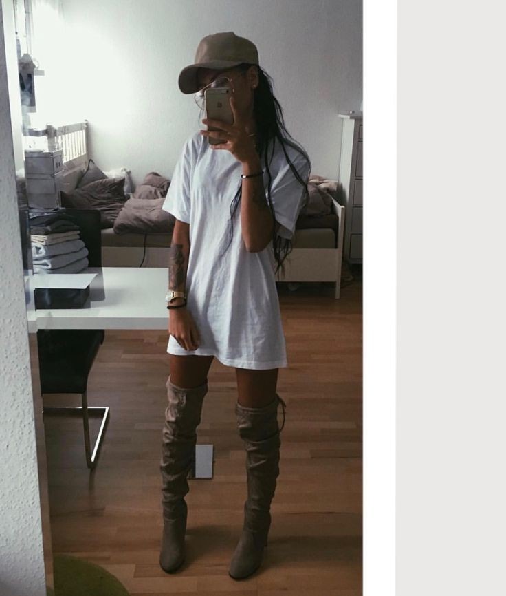 T shirt dress with knee high boots on 